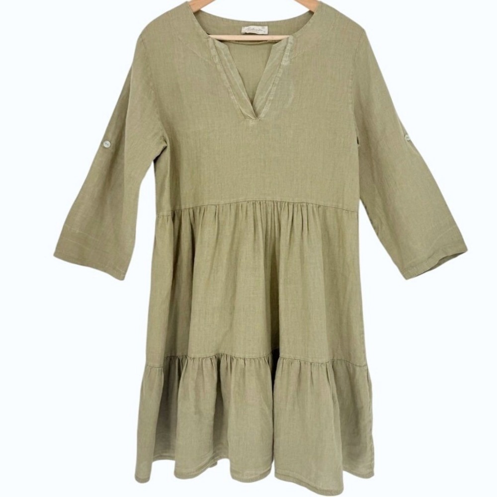 Italian Linen Tiered Babydoll Dress Olive Green Boho Natural Fiber Coastal Small
